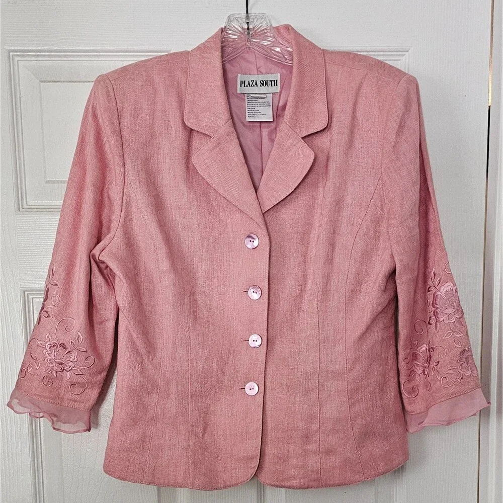 Vntg Plaza South Pink Linen Blend Skirt Suit Set 8 Floral Embroidered Ruffle